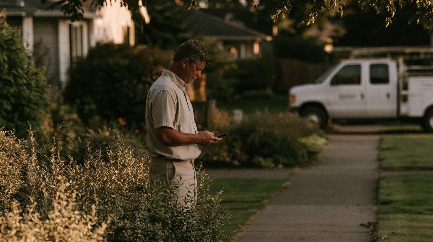 A homeowner finds a local business from the sidewalk.
