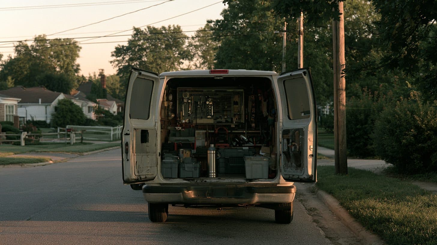 A service van packed and ready at sunrise, before the day's first call.